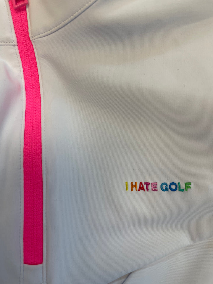 G/FORE Womens I Hate Golf Long Sleeve Zip Polo - Snow/Pretty Pink