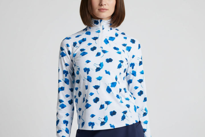 G/FORE Womens Blur Floral Long Sleeve Zip Pullover - Snow/Blueberry
