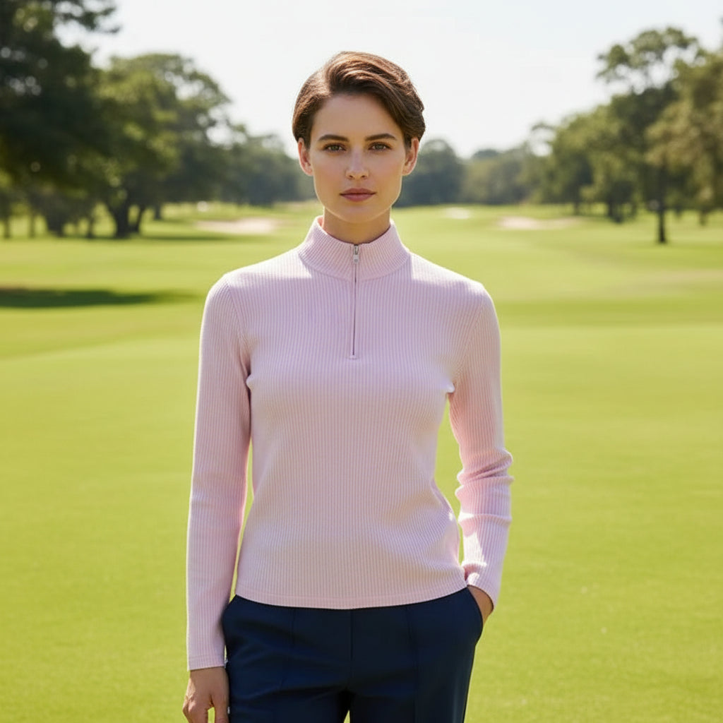 G/FORE Womens Ribbed Long Sleeve Zip Polo - Blush