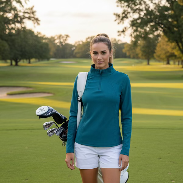 G/FORE Womens Ribbed Long Sleeve Zip Pullover - Tide Teal