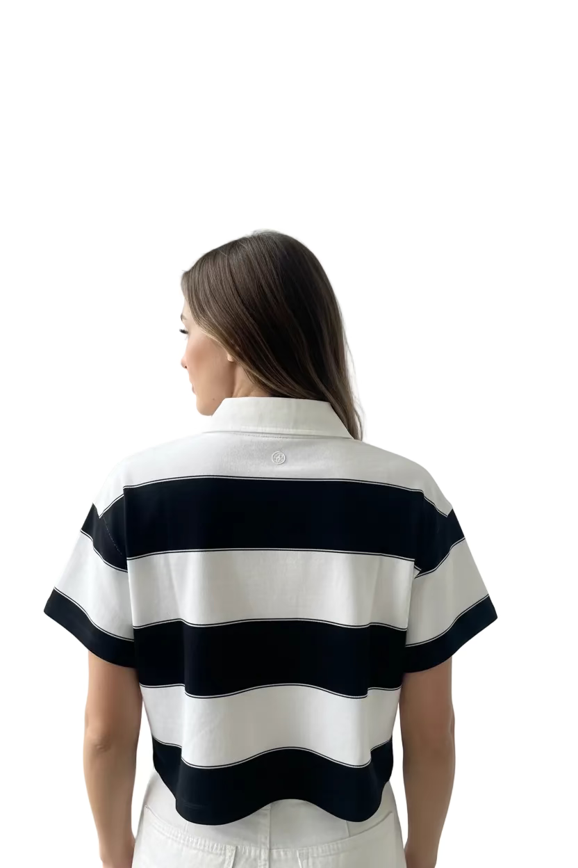 G/FORE Womens Boxy Short Sleeve Crop Button Polo - Snow/Onyx