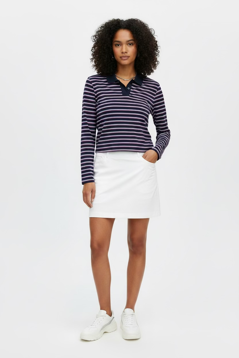 G/FORE Womens Boxy Long Sleeve Stripe Crop Button Polo - Twilight/Pretty Pink