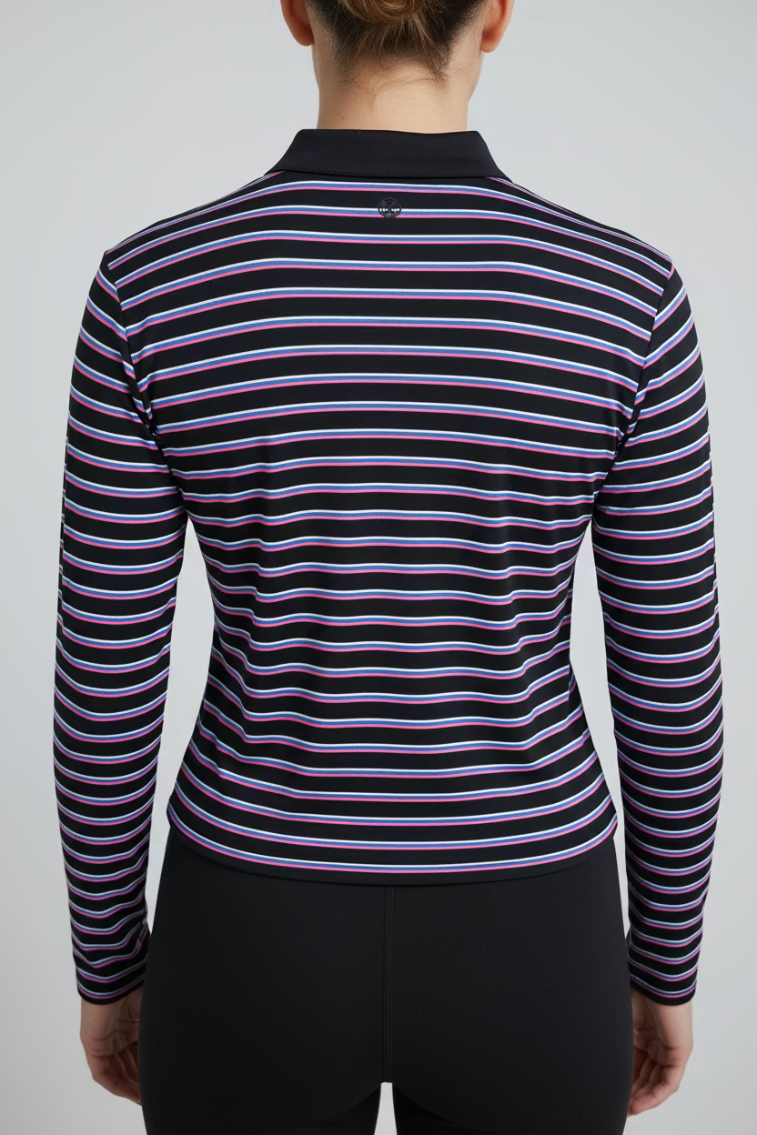 G/FORE Womens Boxy Long Sleeve Stripe Crop Button Polo - Twilight/Pretty Pink