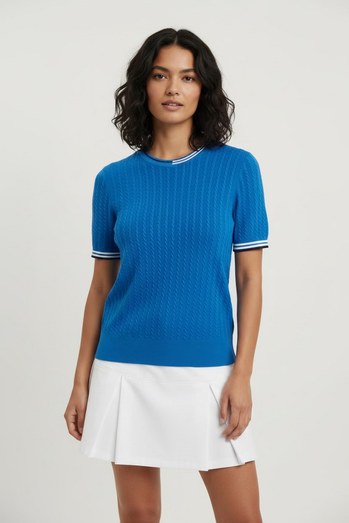 G/FORE Womens Cable Knit Short Sleeve Crewneck Top - Iceberg Blue