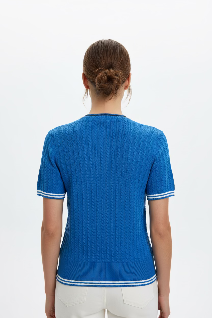 G/FORE Womens Cable Knit Short Sleeve Crewneck Top - Iceberg Blue