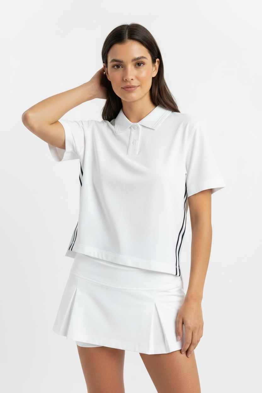 G/FORE Womens Boxy Short Sleeve Crop Button Polo - Snow/Onyx