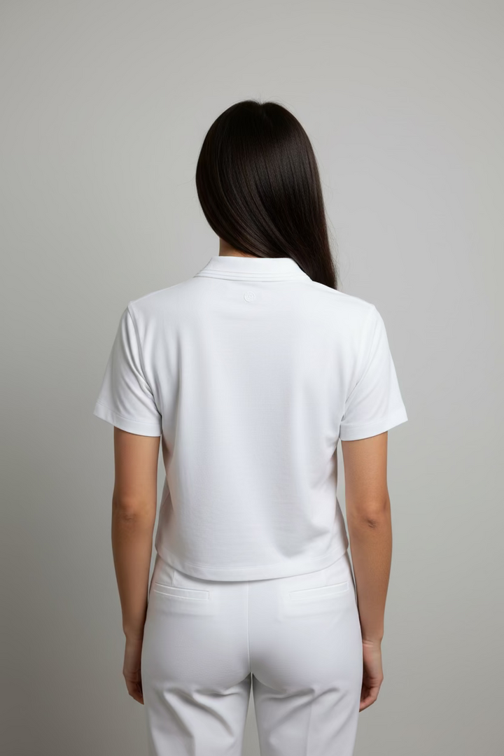 G/FORE Womens Boxy Short Sleeve Crop Button Polo - Snow/Onyx