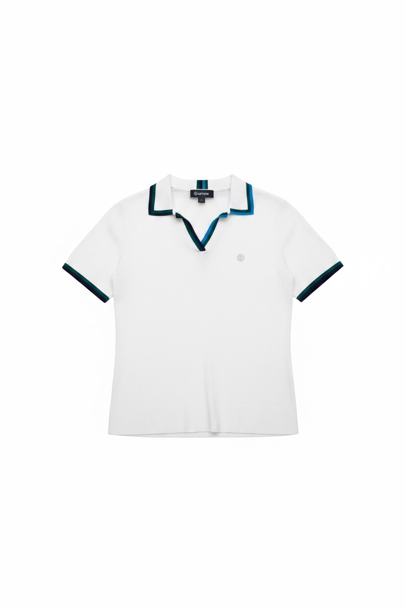G/FORE Womens V-Neck Knit Ribbed Short Sleeve Polo - Snow/Dark Clover