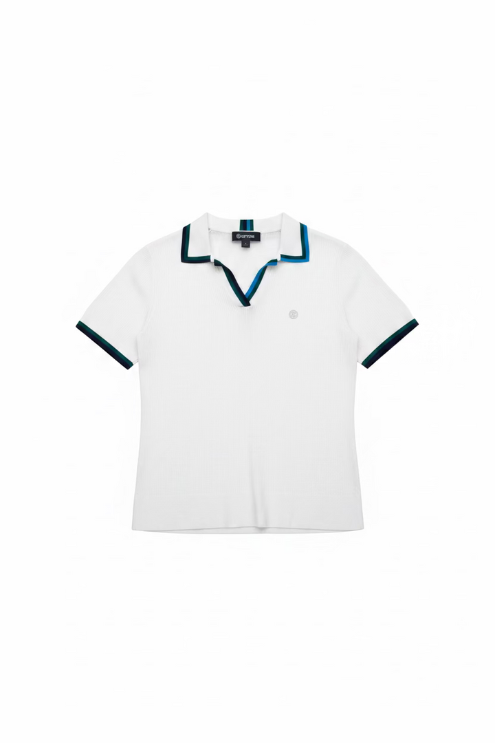 G/FORE Womens V-Neck Knit Ribbed Short Sleeve Polo - Snow/Dark Clover