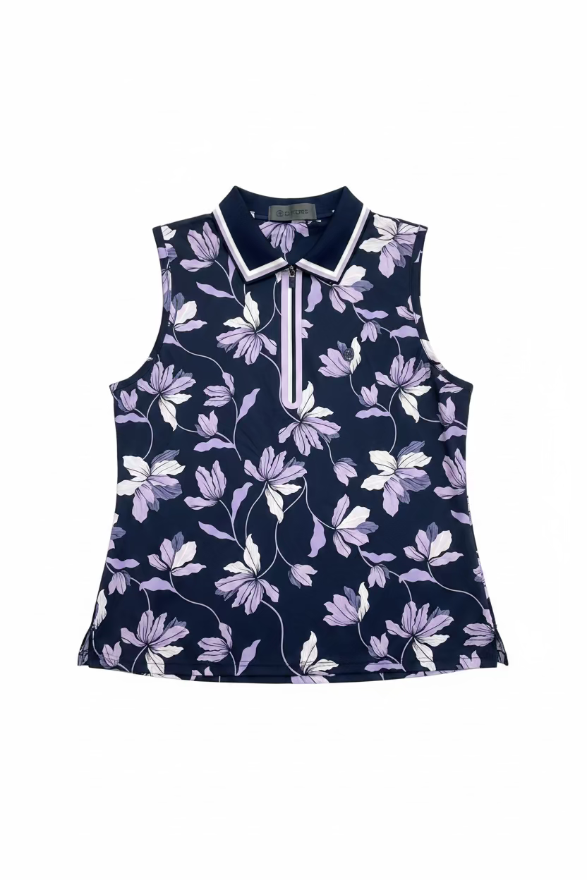 G/FORE Womens Silky Tech Sleeveless Floral Zip Polo - Twilight/Plum