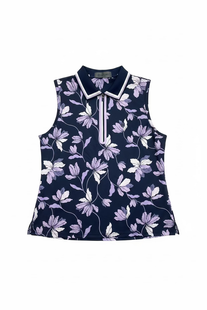 G/FORE Womens Silky Tech Sleeveless Floral Zip Polo - Twilight/Plum