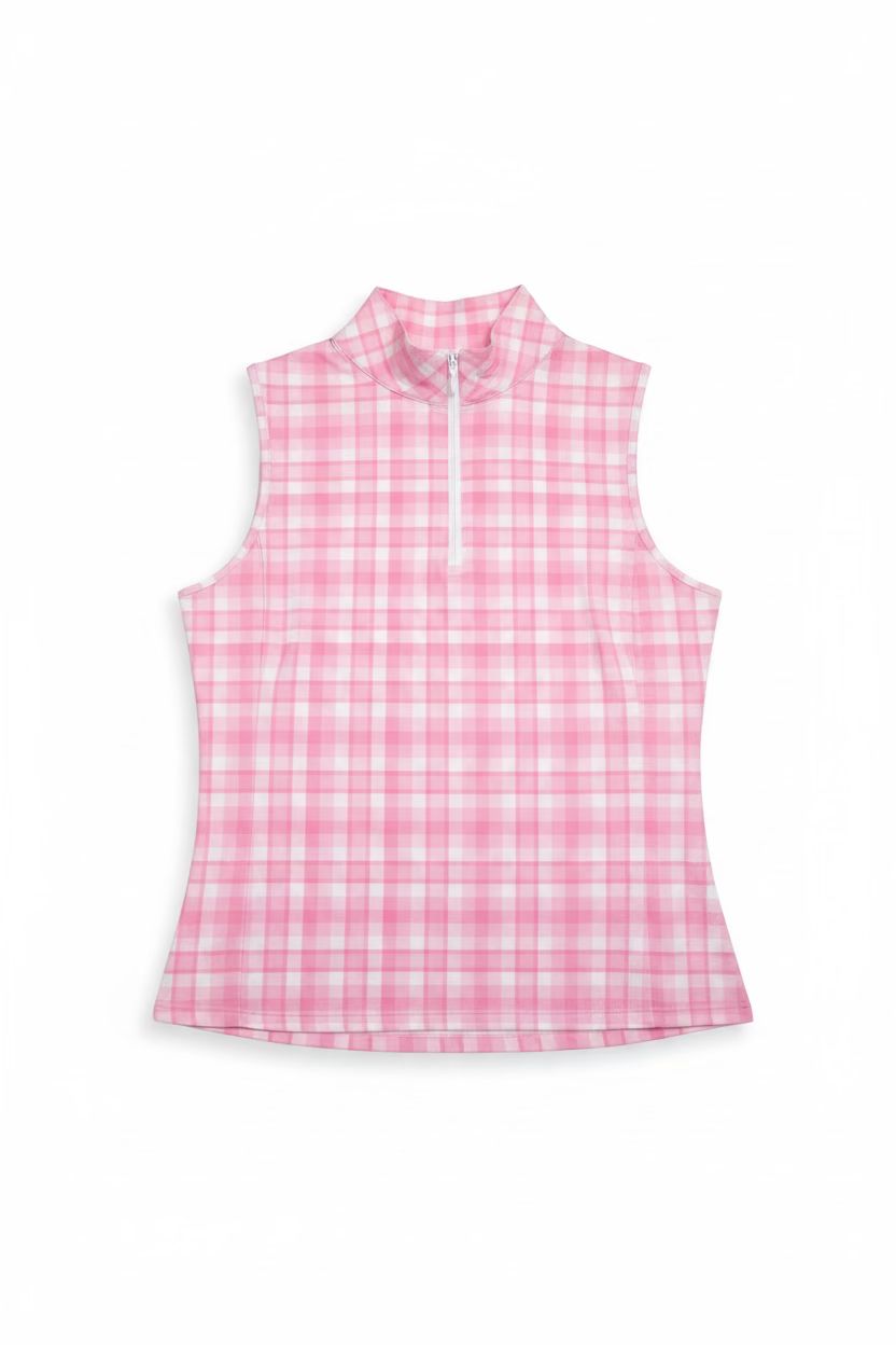 Gottex Womens Gingham Sleeveless Zip Polo - Pinksicle/White