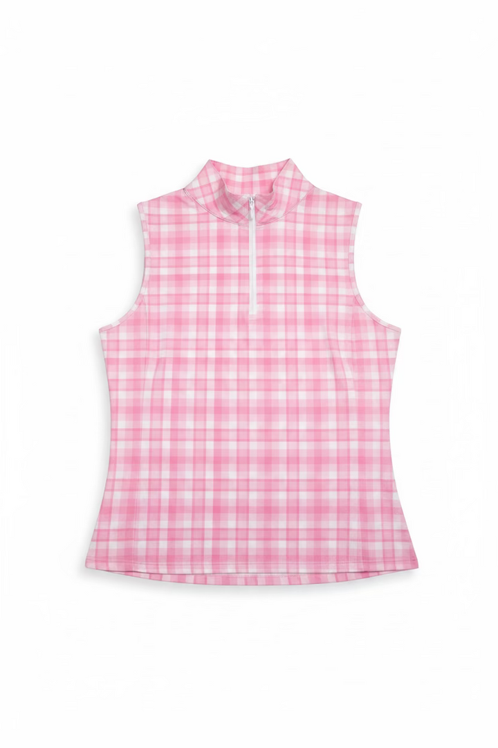 Gottex Womens Gingham Sleeveless Zip Polo - Pinksicle/White