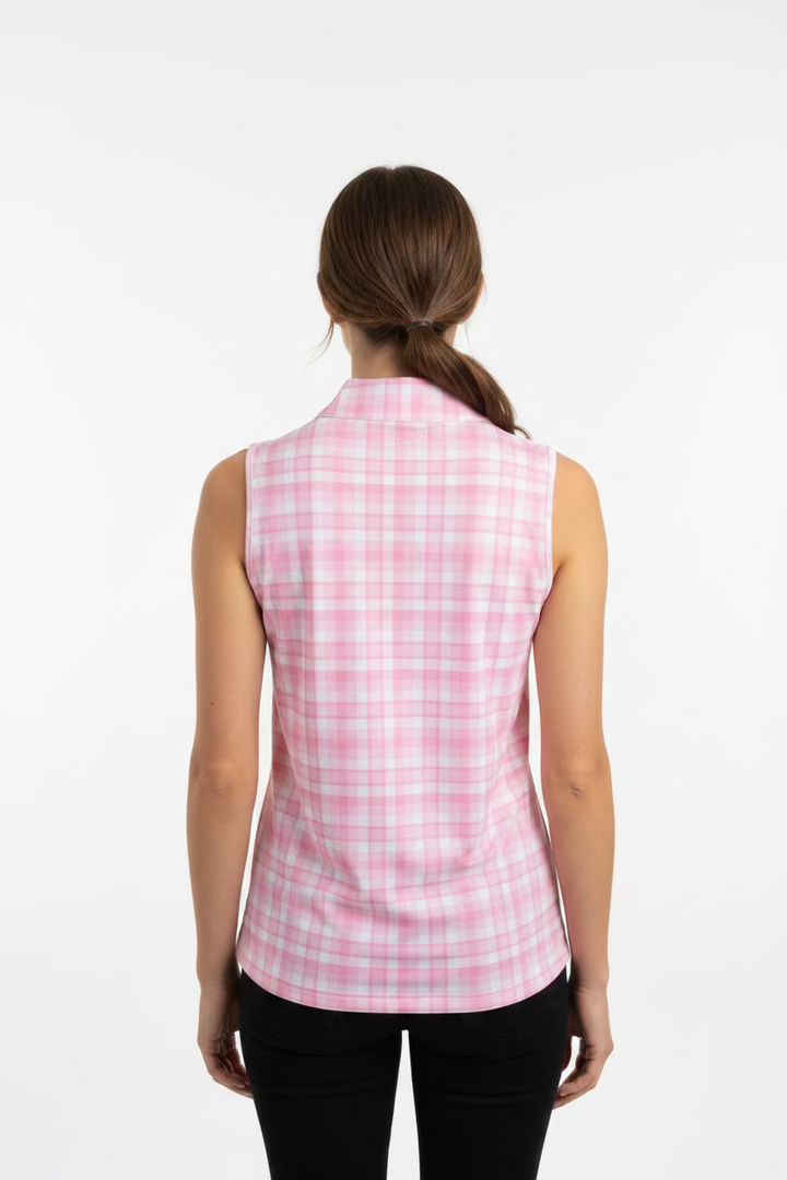 Gottex Womens Gingham Sleeveless Zip Polo - Pinksicle/White