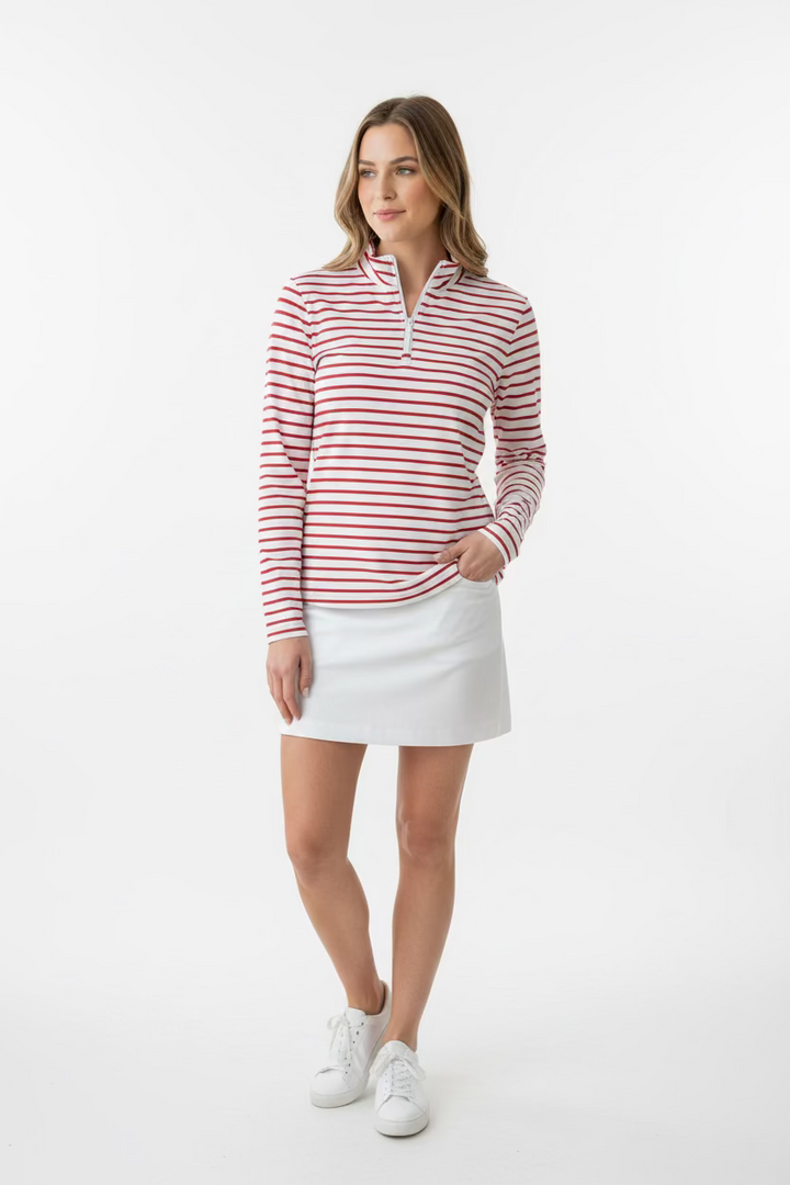Smith & Quinn Womens Ava Cherry Stripe Long Sleeve Zip Polo - Cherry/White