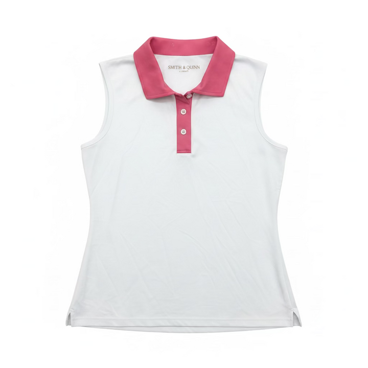 Smith & Quinn Quarter Button Sleeveless Polo - White/Strawberry Pink