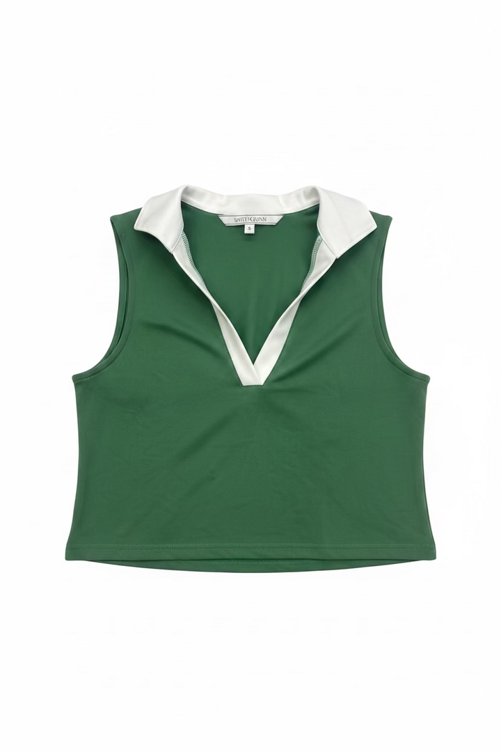 Smith & Quinn Dylan Boxwood Sleeveless V-Neck Crop Polo - Forest Green/White