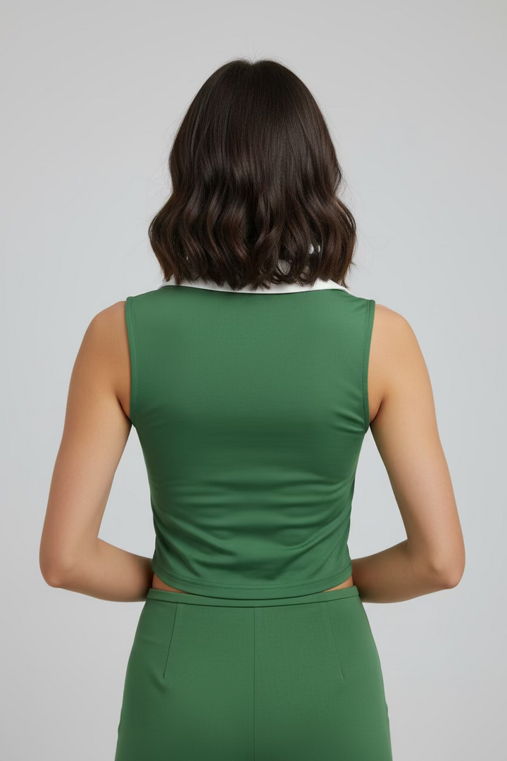 Smith & Quinn Dylan Boxwood Sleeveless V-Neck Crop Polo - Forest Green/White