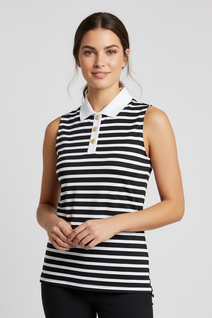 Smith & Quinn Womens Alice Beret Stripe Sleeveless Button Polo - White/Black
