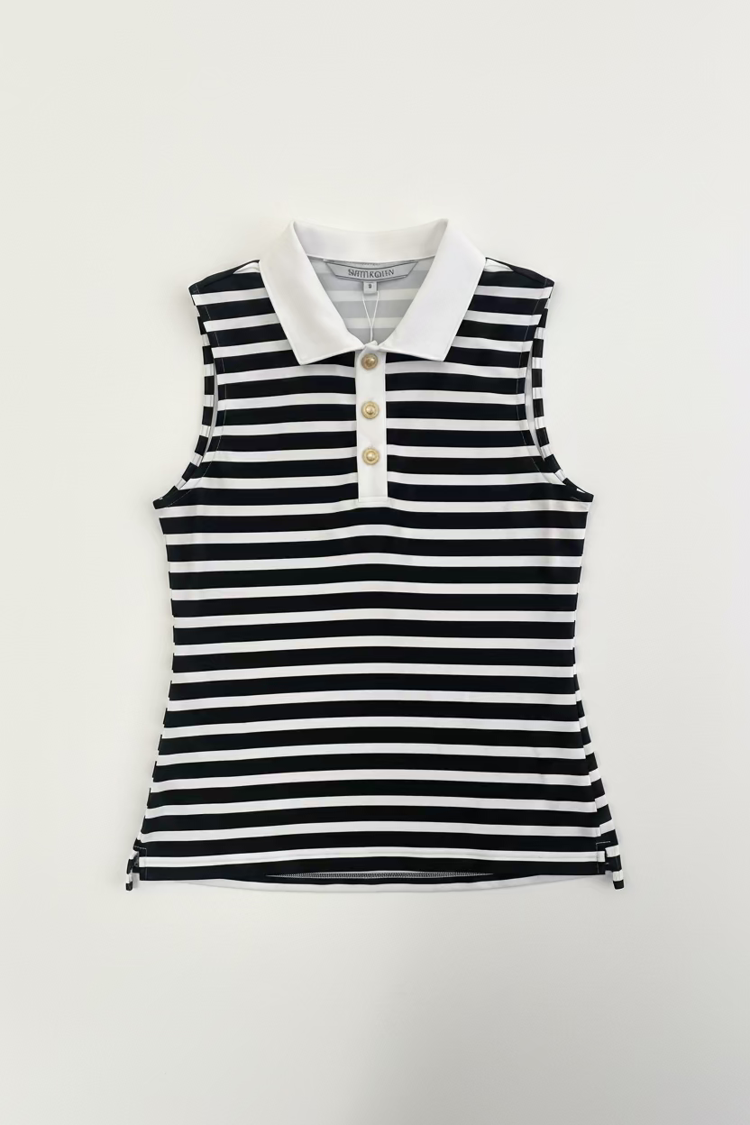 Smith & Quinn Womens Alice Beret Stripe Sleeveless Button Polo - White/Black