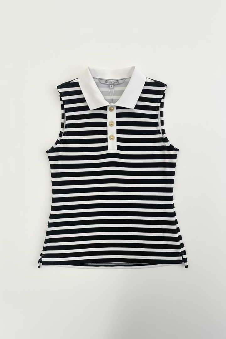 Smith & Quinn Womens Alice Beret Stripe Sleeveless Button Polo - White/Black