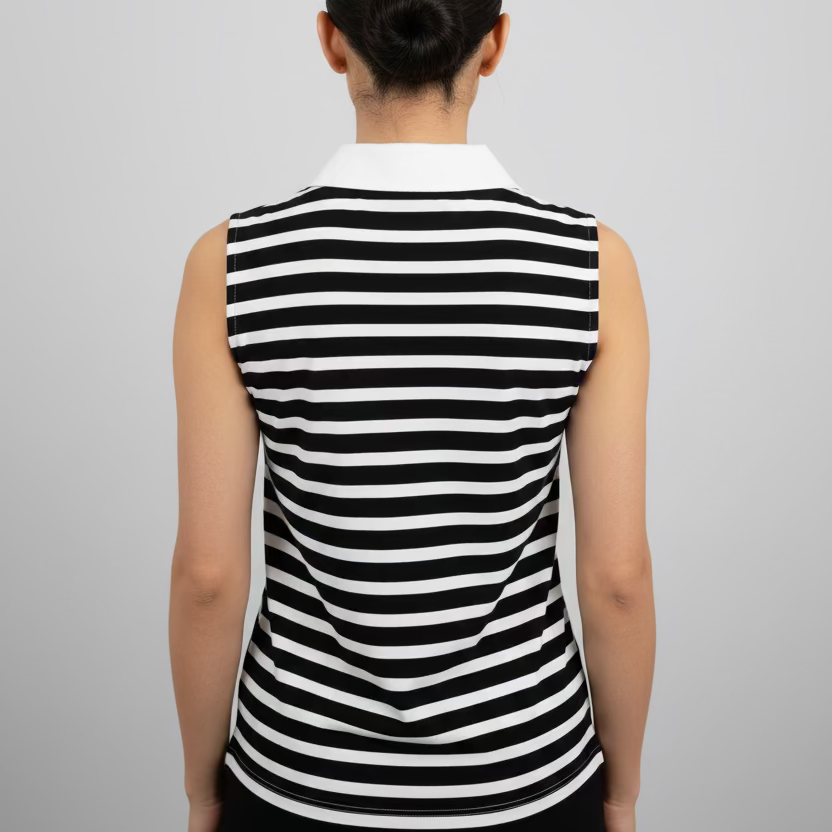 Smith & Quinn Womens Alice Beret Stripe Sleeveless Button Polo - White/Black