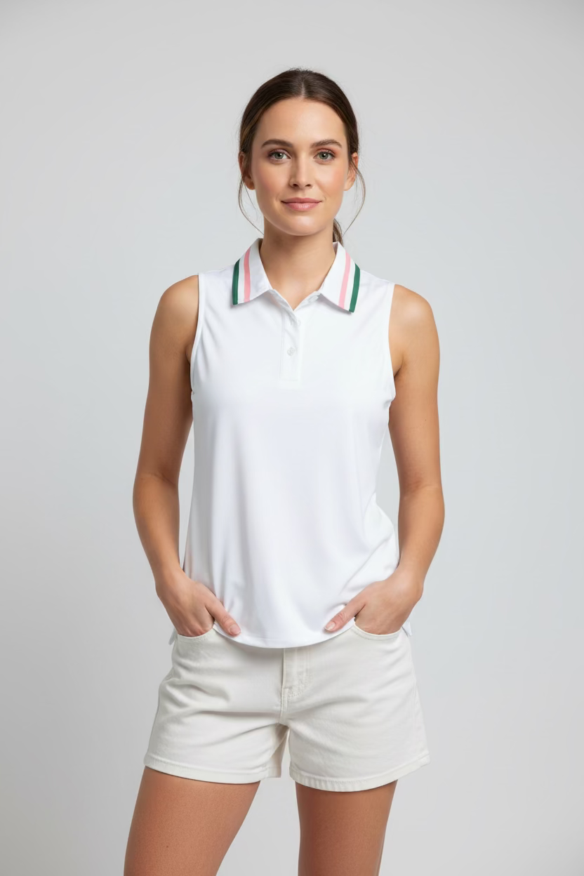 Smith & Quinn Alice Quarter Button Sleeveless Polo - White/Macaron/Green