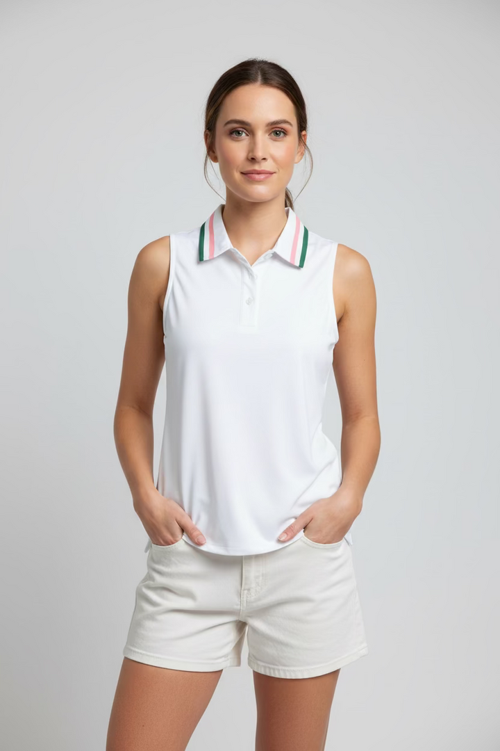 Smith & Quinn Alice Quarter Button Sleeveless Polo - White/Macaron/Green