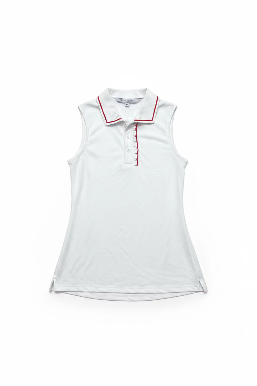 Smith & Quinn Alice Ruffle Quarter Button Sleeveless Polo - White/Cherry