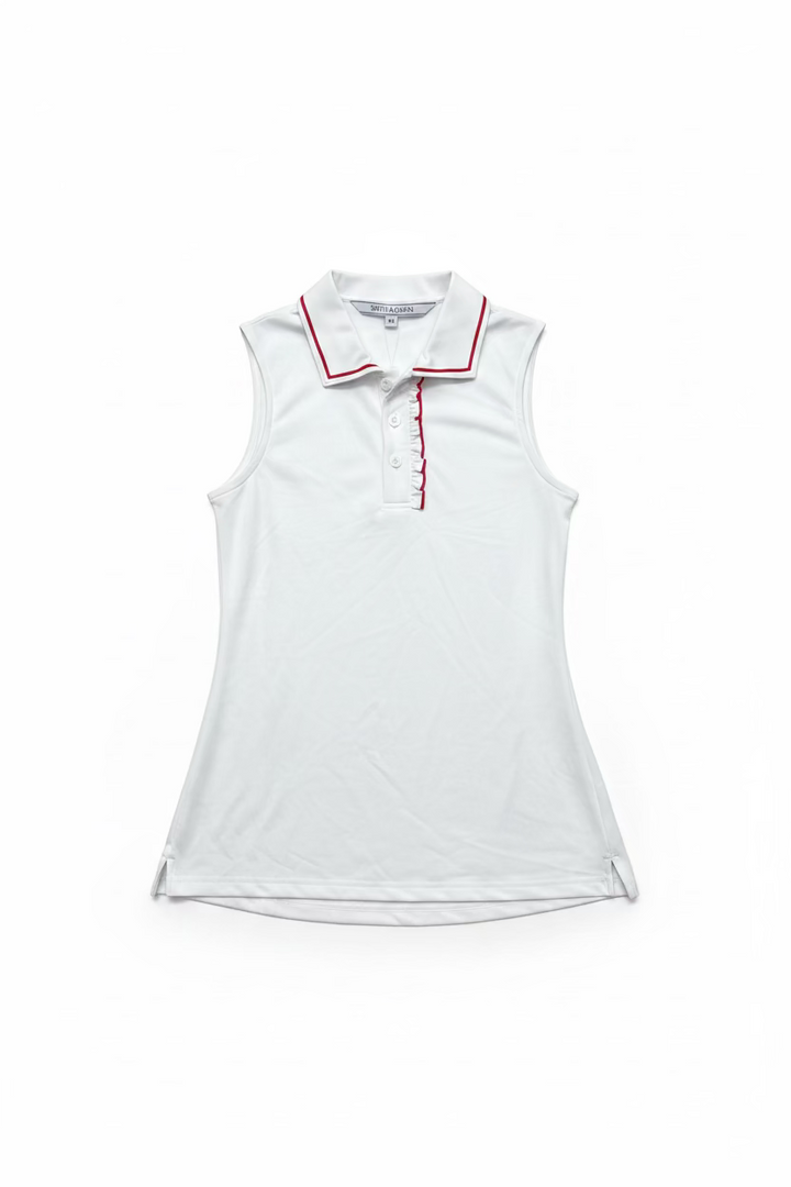 Smith & Quinn Alice Ruffle Quarter Button Sleeveless Polo - White/Cherry