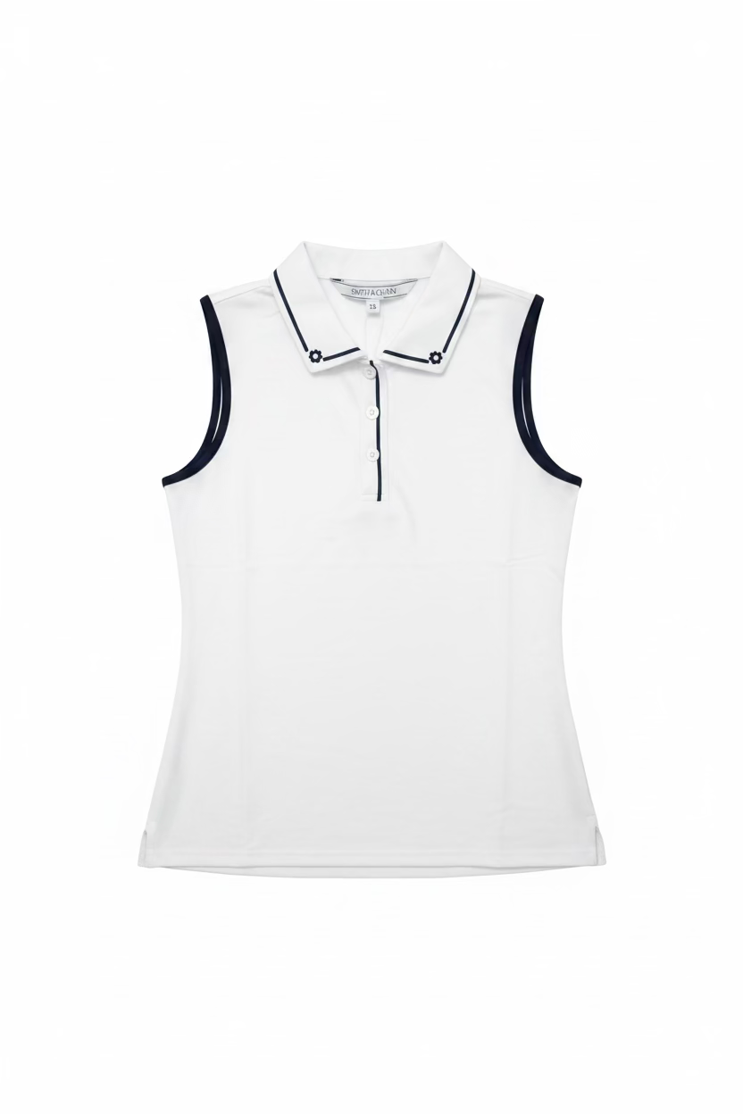 Smith & Quinn Alice Flower Quarter Button Sleeveless Polo - White/Navy