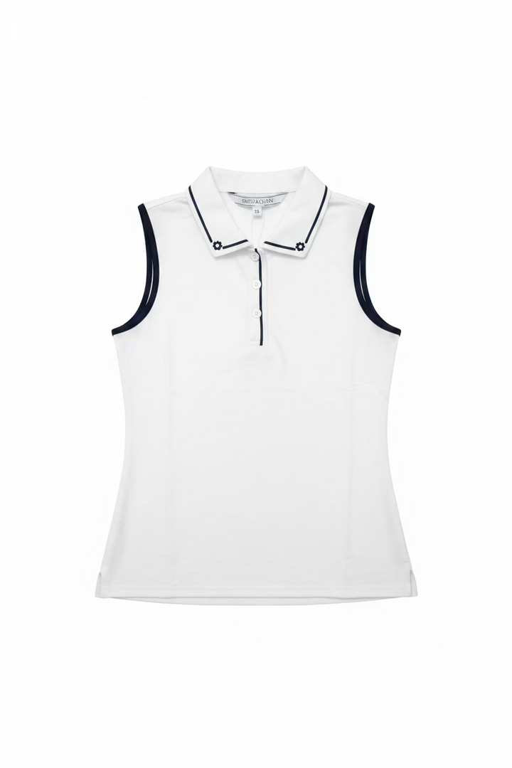 Smith & Quinn Alice Flower Quarter Button Sleeveless Polo - White/Navy