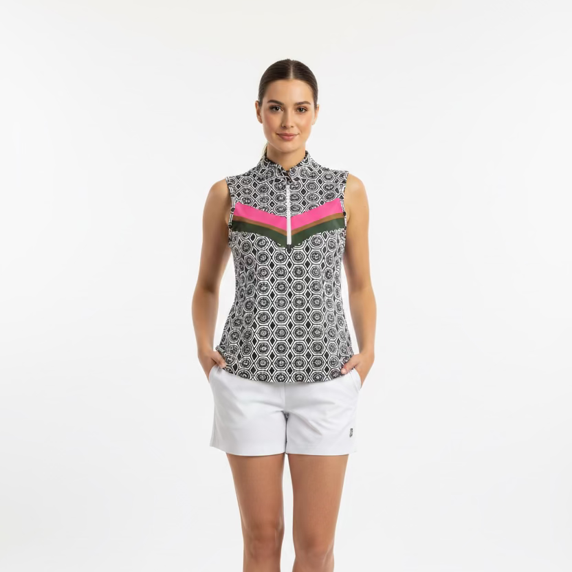 Smith & Quinn Womens Pattern Print Sleeveless Zip Polo - Party Pink/White/Black