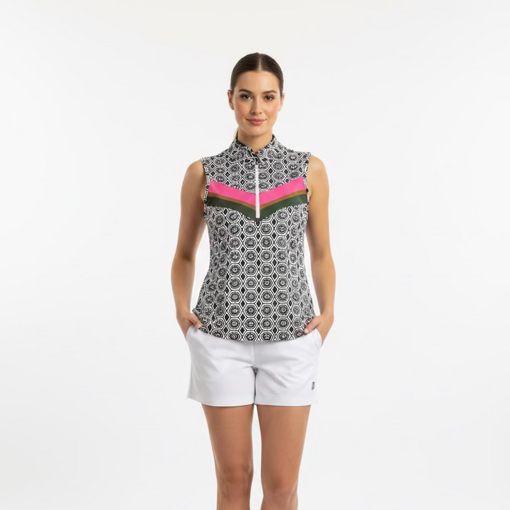 Smith & Quinn Womens Pattern Print Sleeveless Zip Polo - Party Pink/White/Black