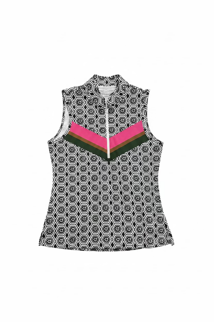 Smith & Quinn Womens Pattern Print Sleeveless Zip Polo - Party Pink/White/Black