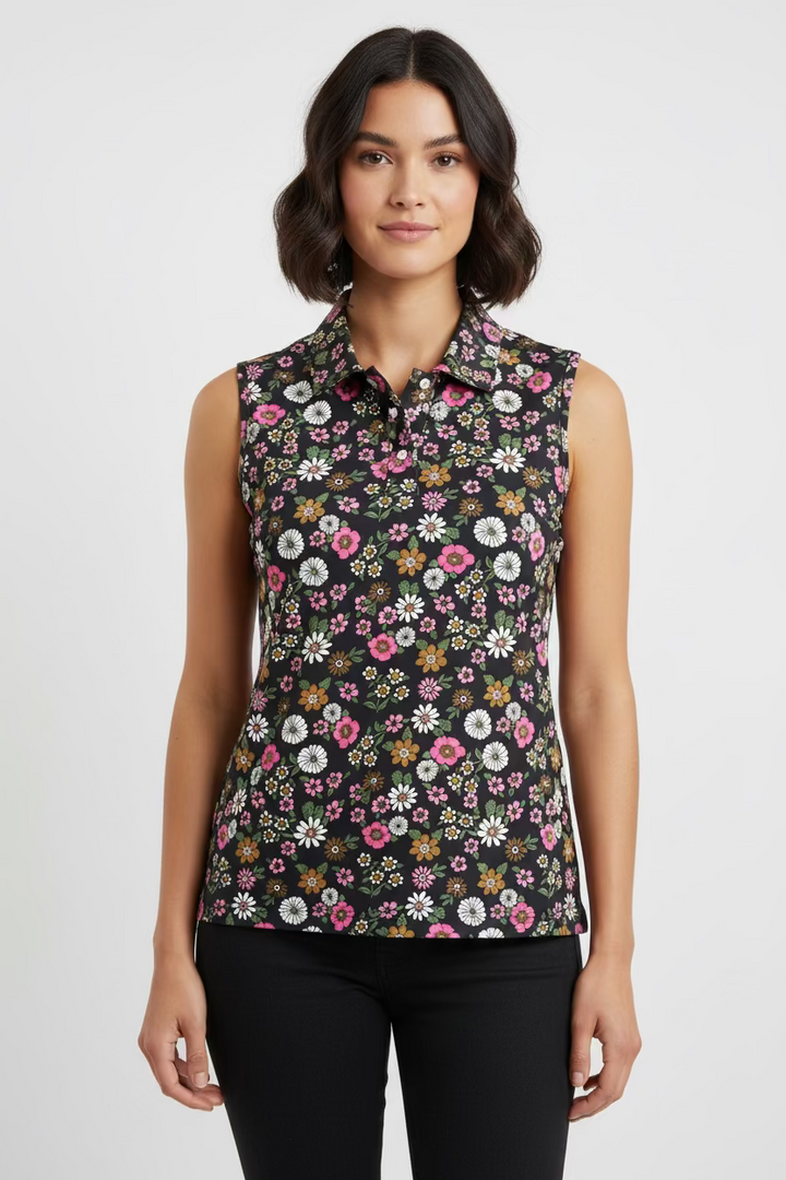 Smith & Quinn Womens Gardenia Sleeveless Button Polo - Party Pink/White/Black