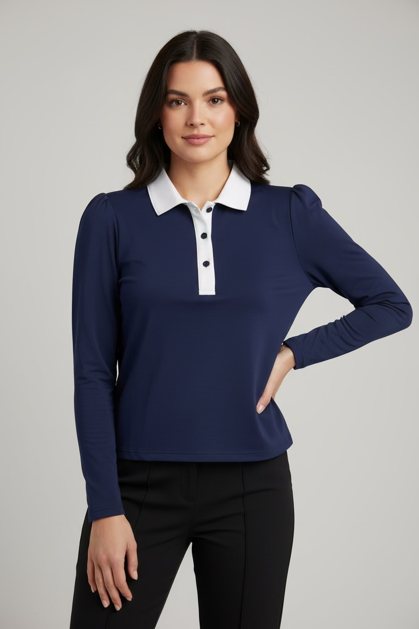 Smith & Quinn Womens Benny Quarter Button Long Sleeve Polo - Navy/White