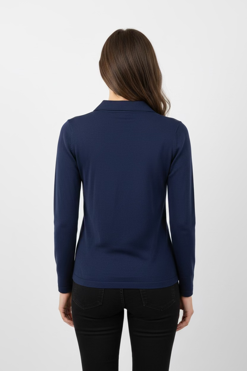 Smith & Quinn Womens Jean Pique Quarter Button Long Sleeve Polo - Navy