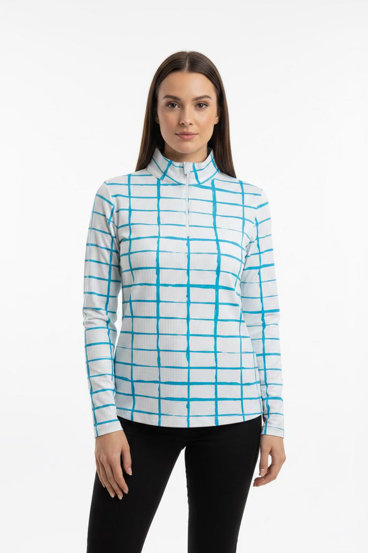 IBKUL Womens Carly Long Sleeve Zip Polo - White/Ocean Blue