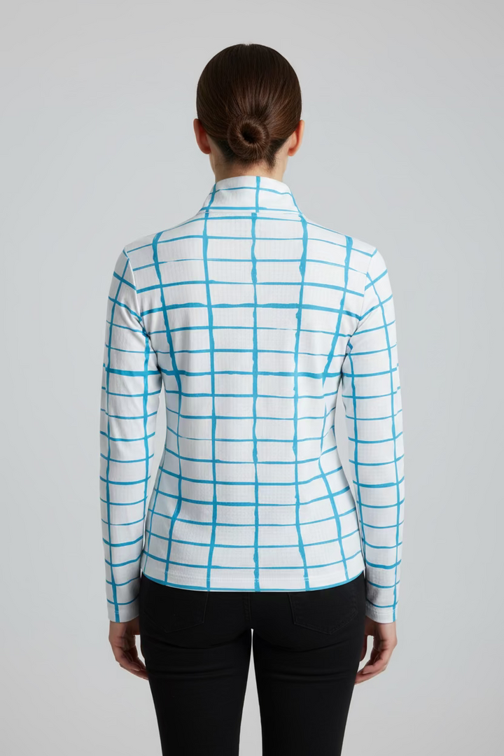 IBKUL Womens Carly Long Sleeve Zip Polo - White/Ocean Blue