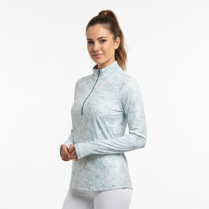 Straight Down Womens Annie Zip Long Sleeve Polo (w/logo) - Seafoam/White