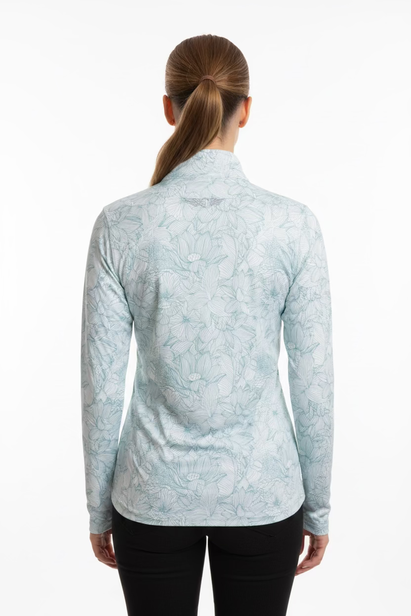 Straight Down Womens Annie Zip Long Sleeve Polo (w/logo) - Seafoam/White