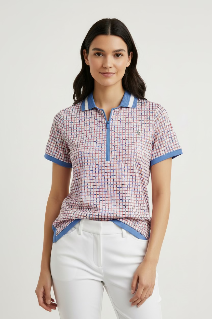 Penguin Womens Jolene Short Sleeve Zip Polo - Bright White/Ultramarine