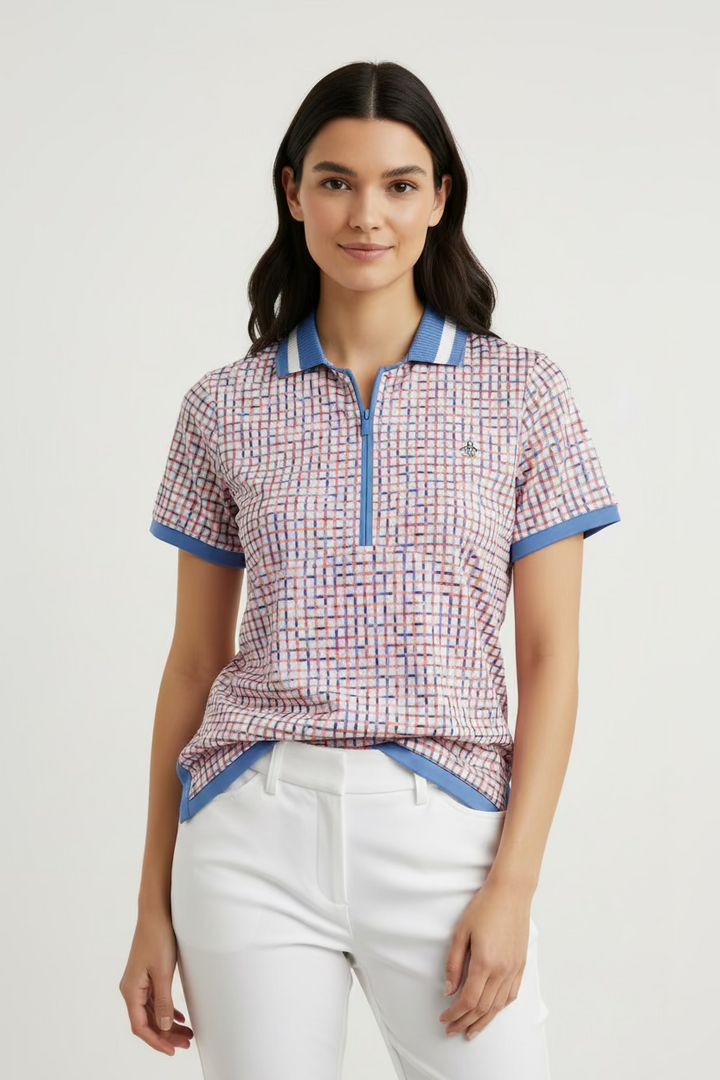 Penguin Womens Jolene Short Sleeve Zip Polo - Bright White/Ultramarine