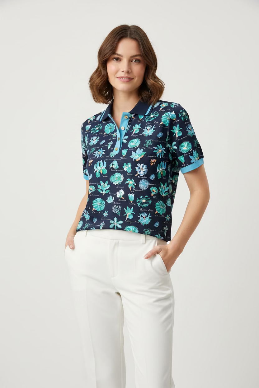 Penguin Womens Macy Short Sleeve Floral Button Polo -Black Iris