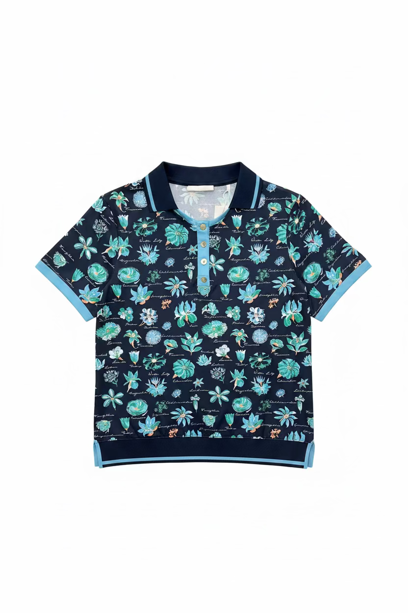 Penguin Womens Macy Short Sleeve Floral Button Polo -Black Iris