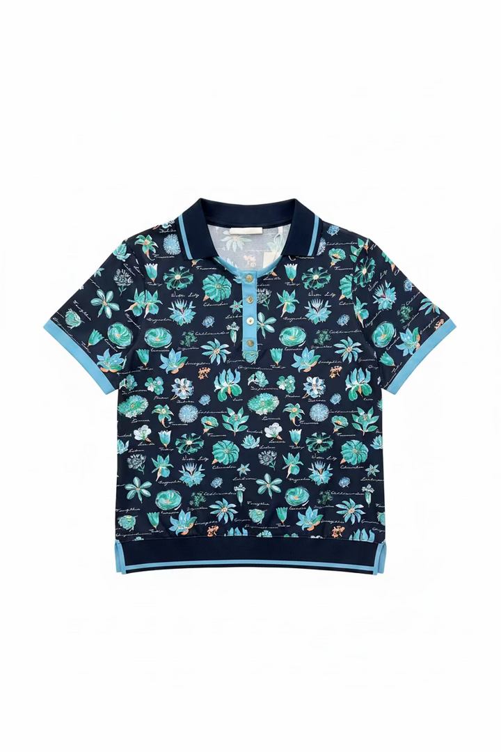 Penguin Womens Macy Short Sleeve Floral Button Polo -Black Iris