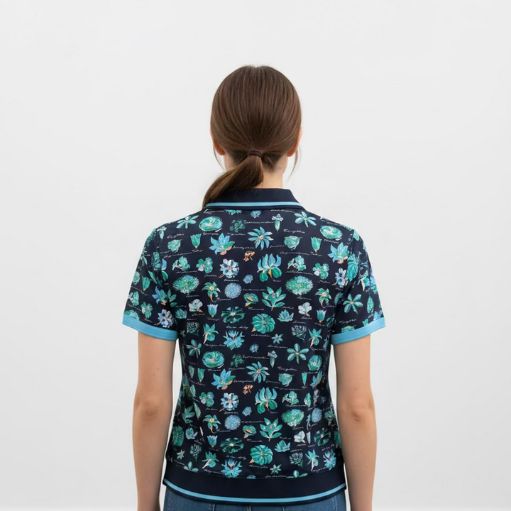 Penguin Womens Macy Short Sleeve Floral Button Polo -Black Iris