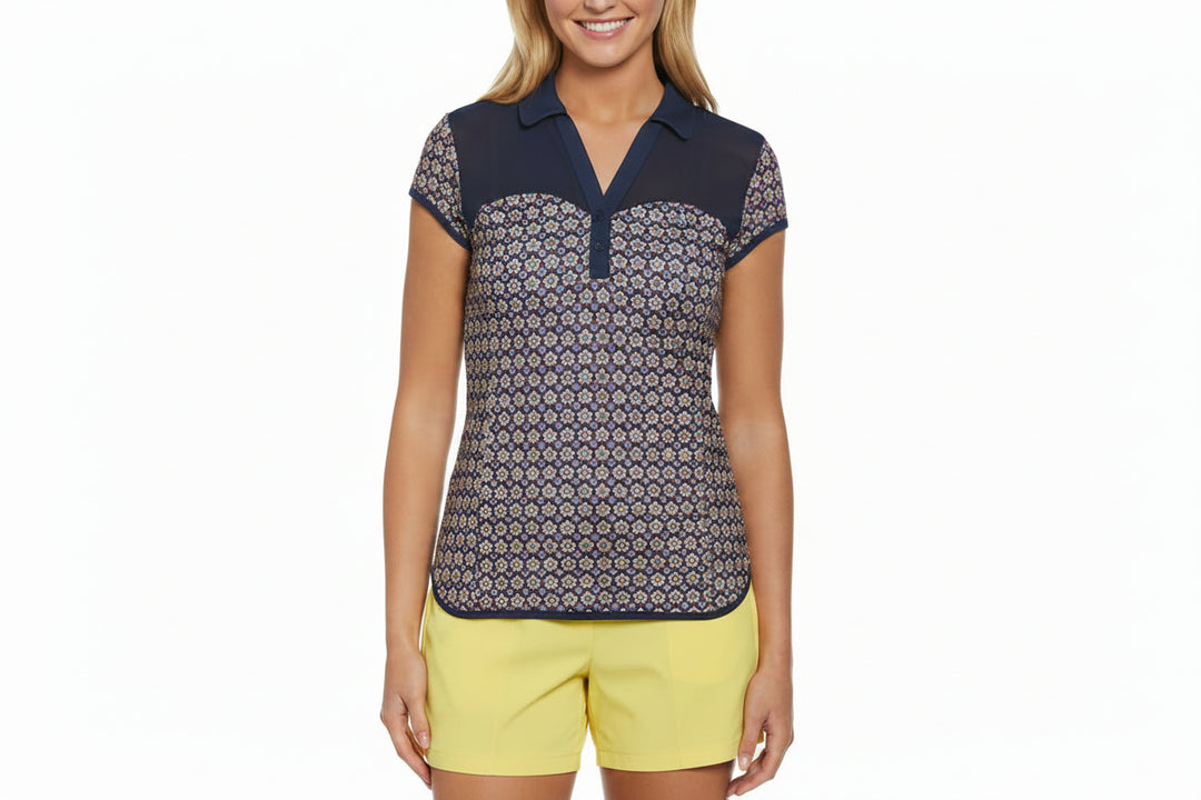 Penguin Womens Sloane Floral Cap Sleeve Polo - Black Iris