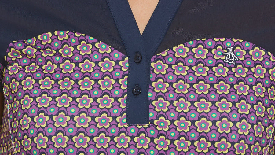 Penguin Womens Sloane Floral Cap Sleeve Polo - Black Iris